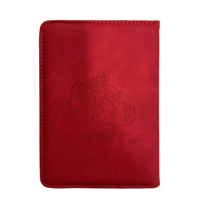 Passport holder with the Canadian border on the back and the slogan 'Never 51'-Red