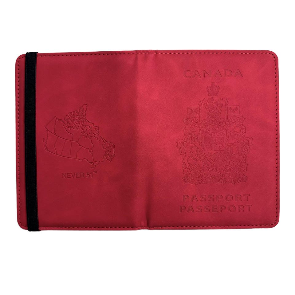 Passport holder with the Canadian border on the back and the slogan 'Never 51'-Red