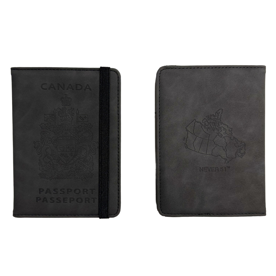 Passport holder with the Canadian border on the back and the slogan 'Never 51'-Grey