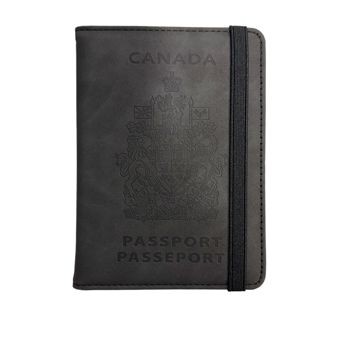 Passport holder with the Canadian border on the back and the slogan 'Never 51'-Grey