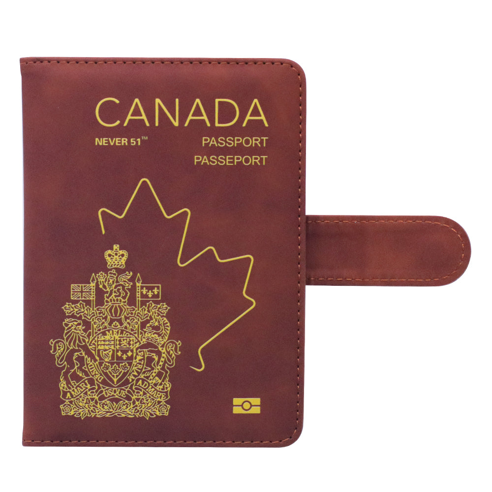 Passport holder with magnetic buckle with logo Never 51-Brown color