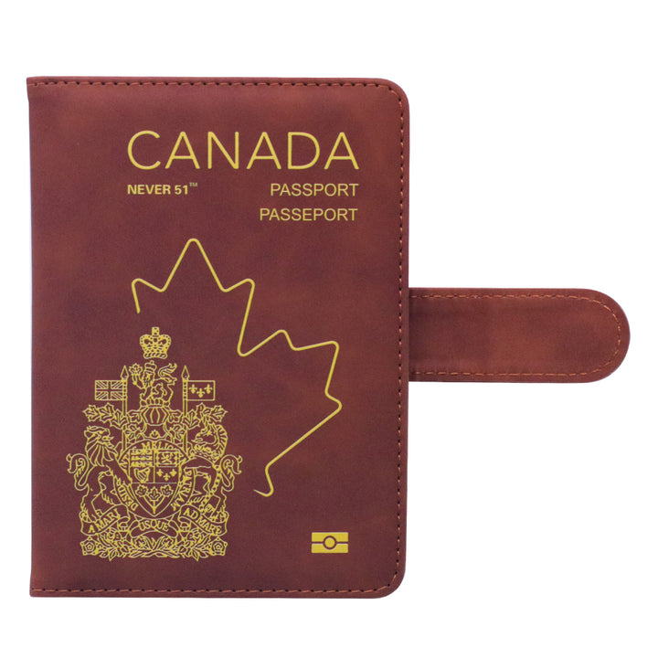 Passport holder with magnetic buckle with logo Never 51-Brown color
