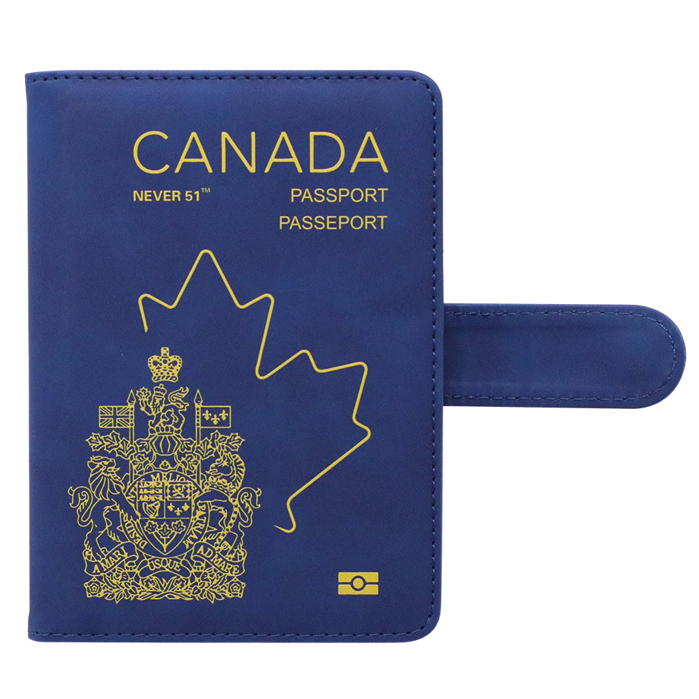 Passport holder with magnetic buckle with logo Never 51-Blue